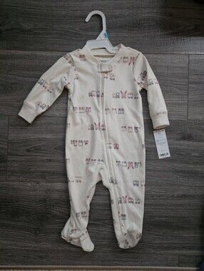Carter's Cream Footed One-Piece with Pink & Gray Train Print- 2 Way Zipper NWTs